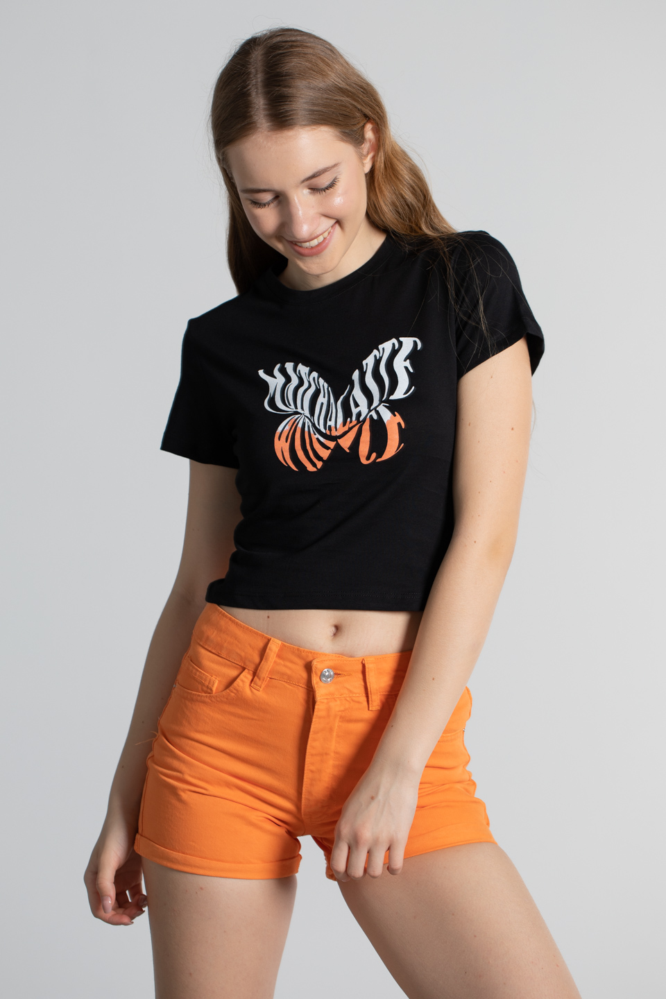 Kısa kollu kelebek baskılı t-shirt-2383 Siyah