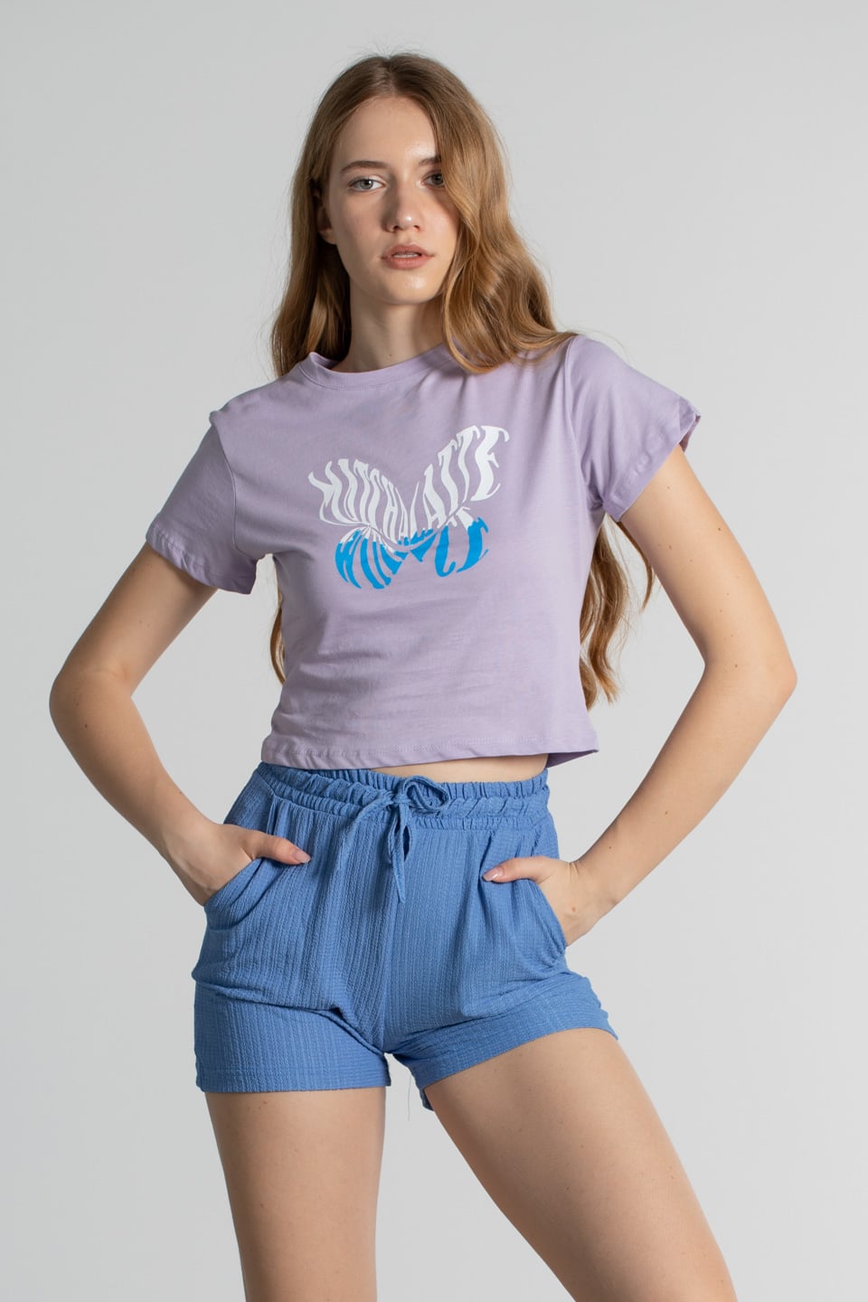 Kısa kollu kelebek baskılı t-shirt-2383 Lila