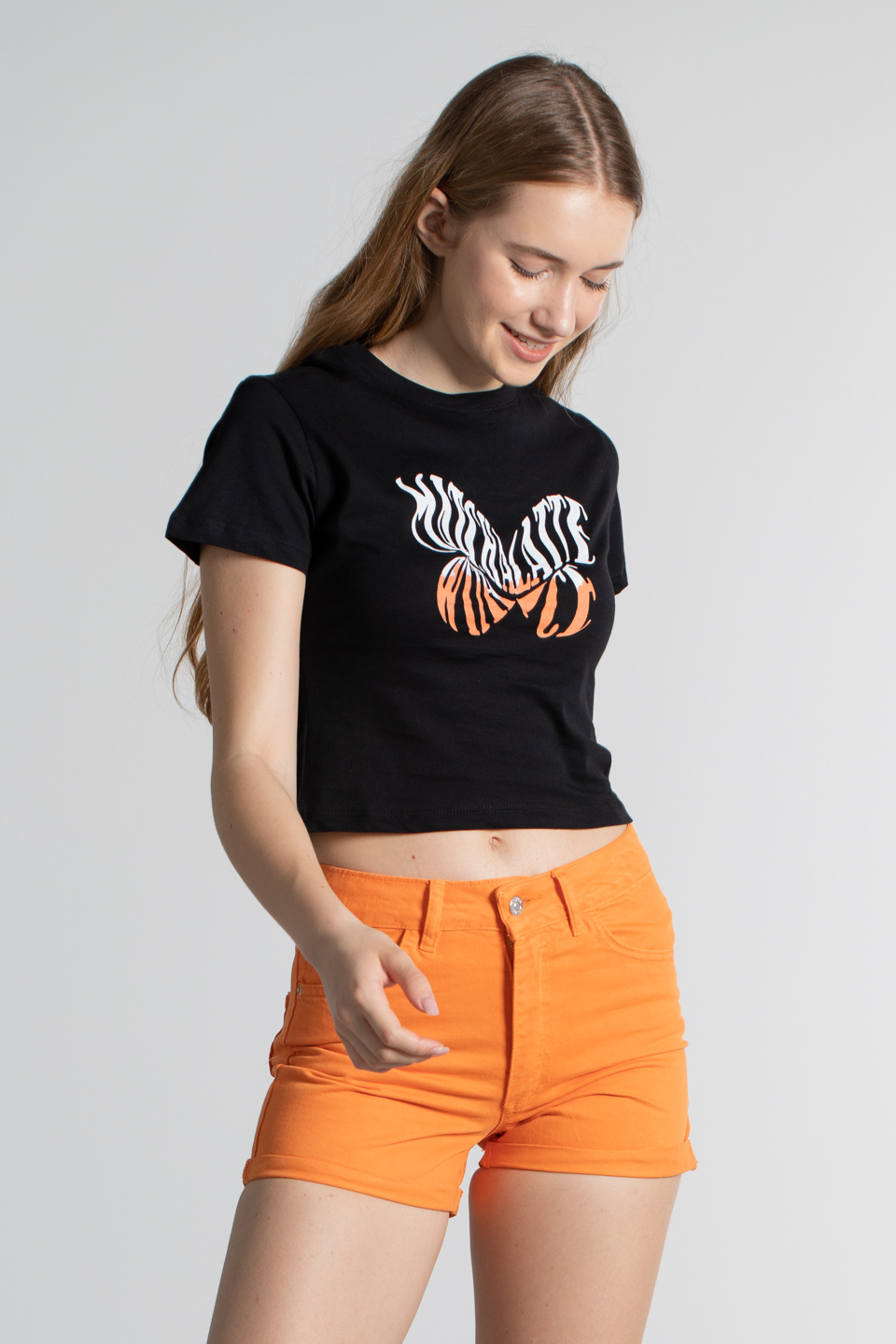Kısa kollu kelebek baskılı t-shirt-2383 Siyah