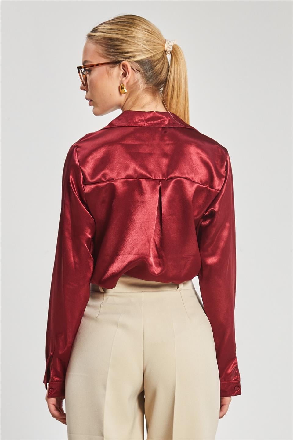 Klasik saten gömlek-3964 Bordo