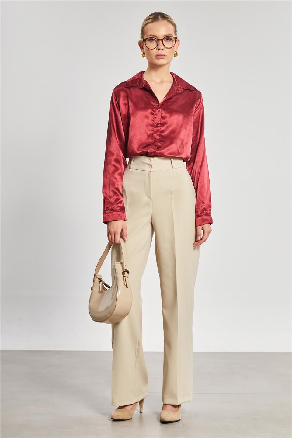 Klasik saten gömlek-3964 Bordo