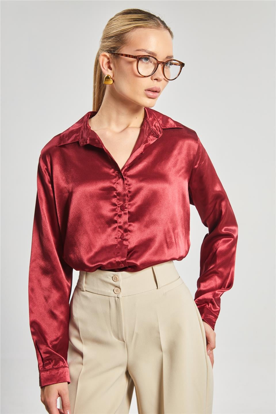 Klasik saten gömlek-3964 Bordo