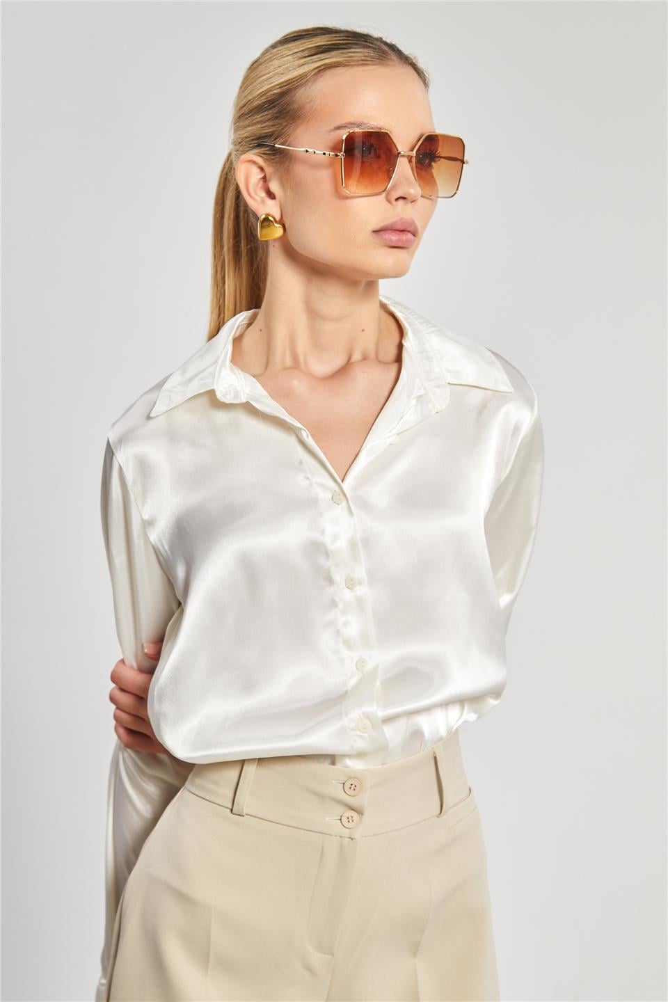 Klasik saten gömlek-3964 Ekru