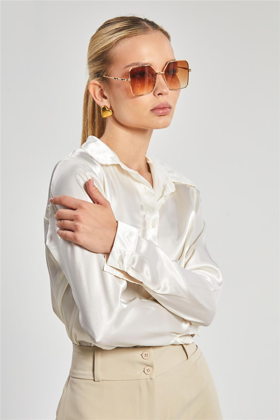 Klasik saten gömlek-3964 Ekru