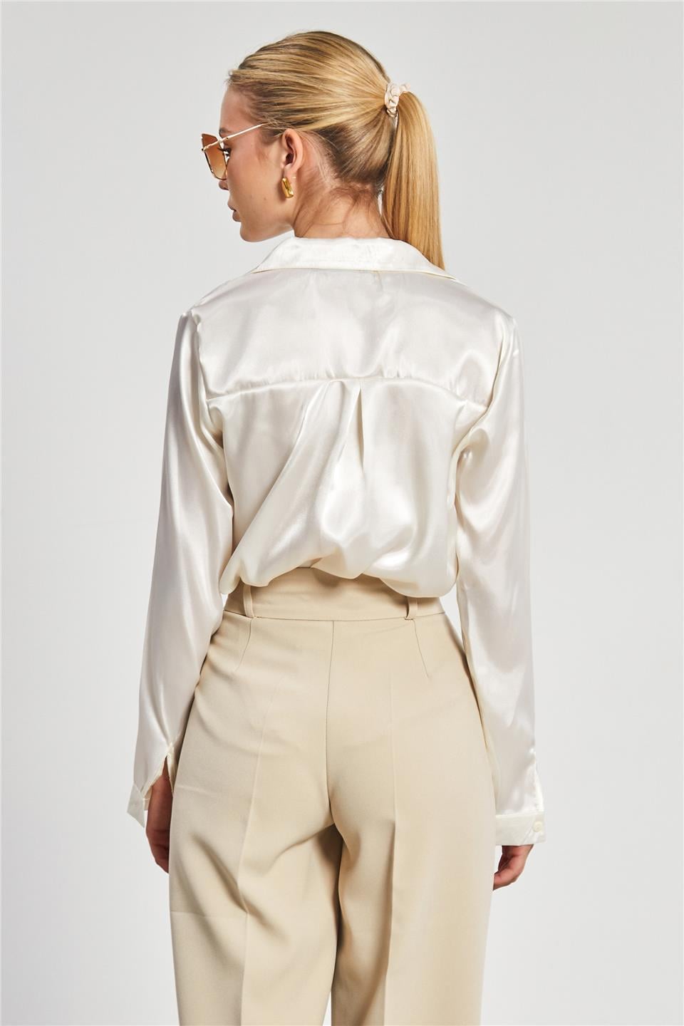 Klasik saten gömlek-3964 Ekru