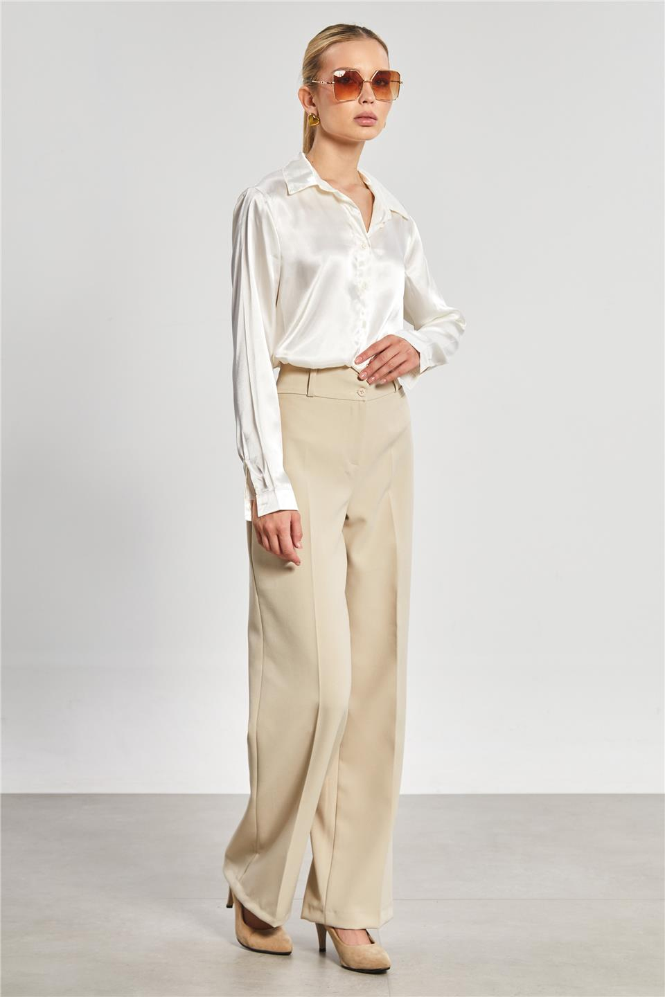 Klasik saten gömlek-3964 Ekru