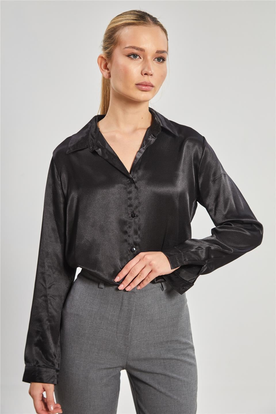 Klasik saten gömlek-3964 Siyah