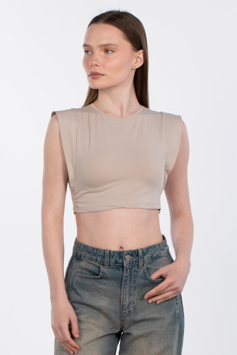 Kol detaylı crop t-shirt-DVN0933 Taş
