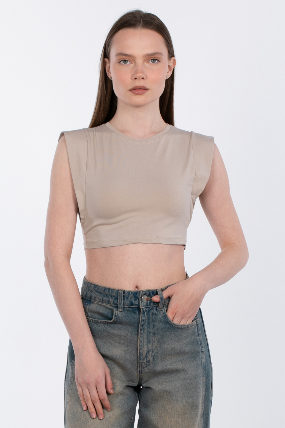 Kol detaylı crop t-shirt-DVN0933 Taş