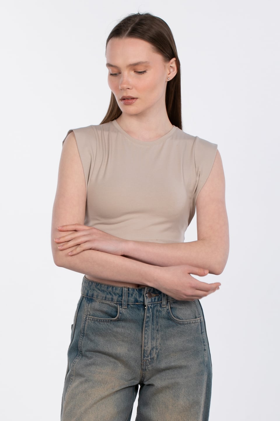 Kol detaylı crop t-shirt-DVN0933 Taş