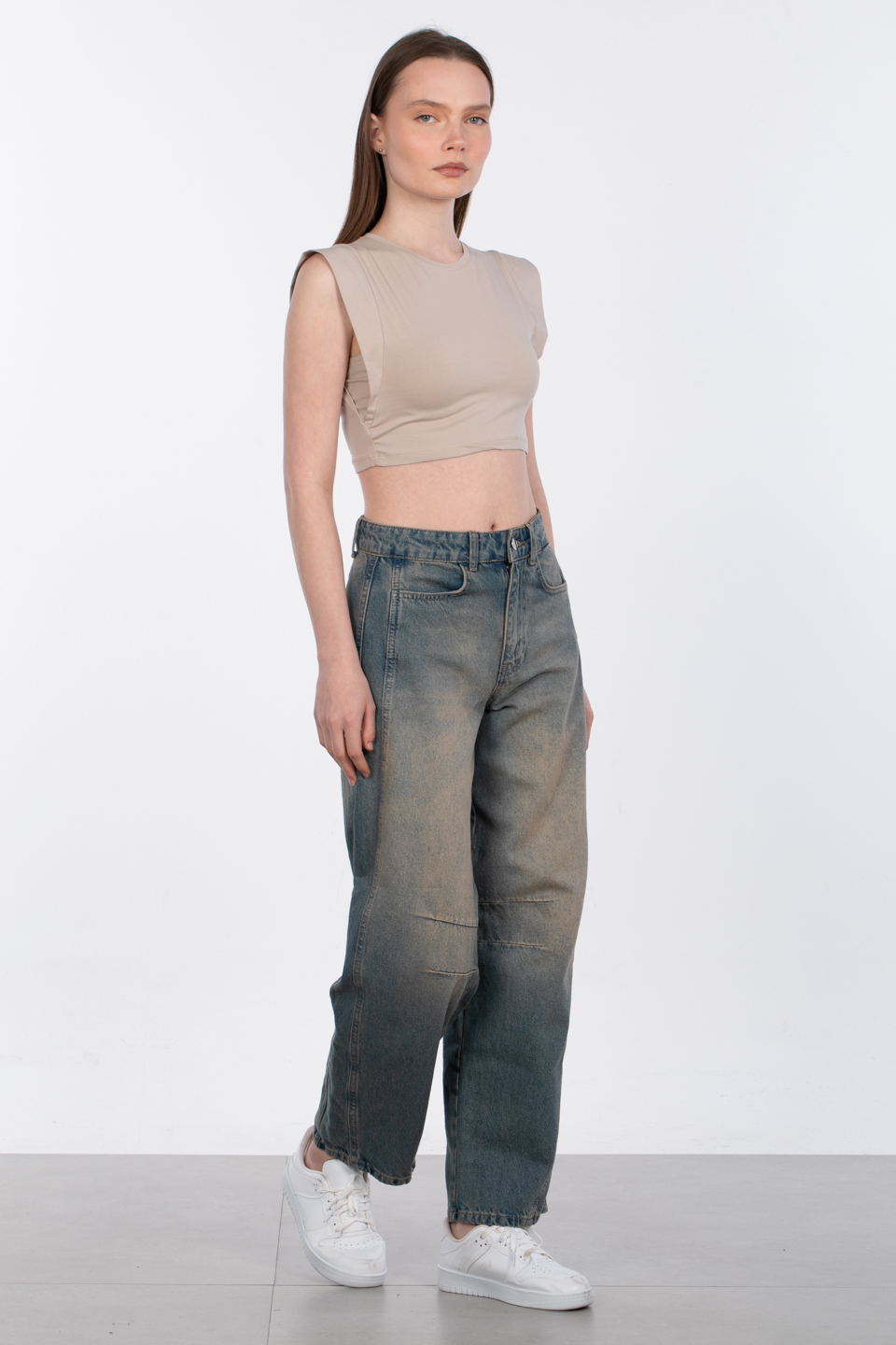 Kol detaylı crop t-shirt-DVN0933 Taş