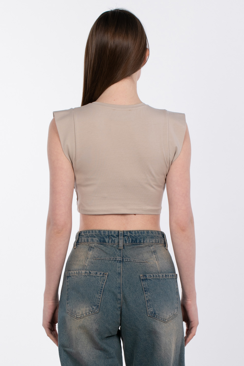 Kol detaylı crop t-shirt-DVN0933 Taş