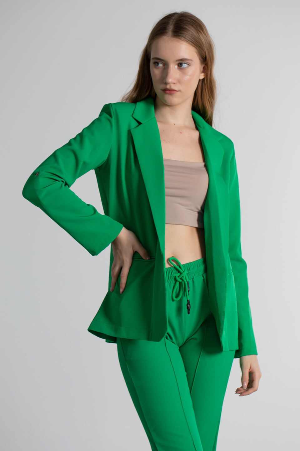 Kol katlamalı blazer ceket-4096 B.Yeşil