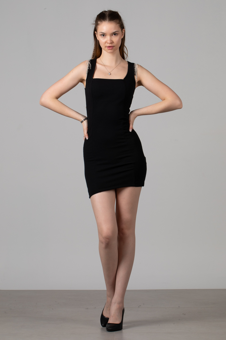 Kol taş detaylı mini elbise-10162 Siyah