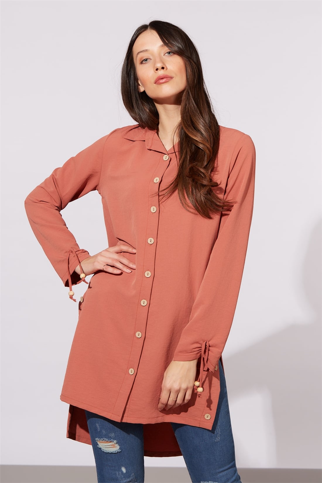 Kol Ucu Büzgülü Gömlek Tunik-Somon