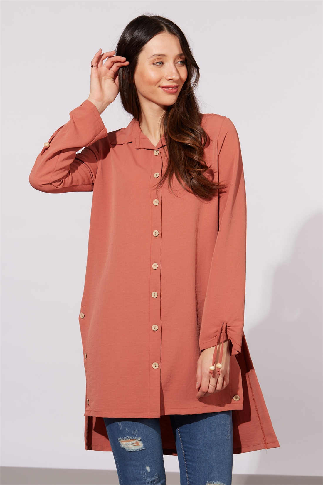 Kol Ucu Büzgülü Gömlek Tunik-Somon
