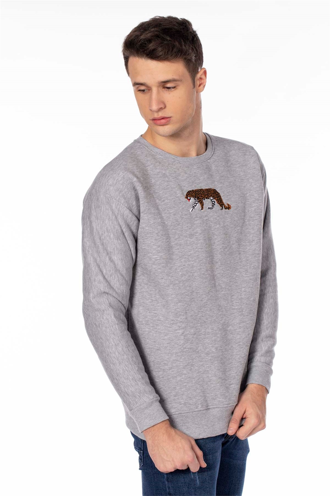 Kolu Kaplan Nakışlı Salaş Sweatshirt-Siyah