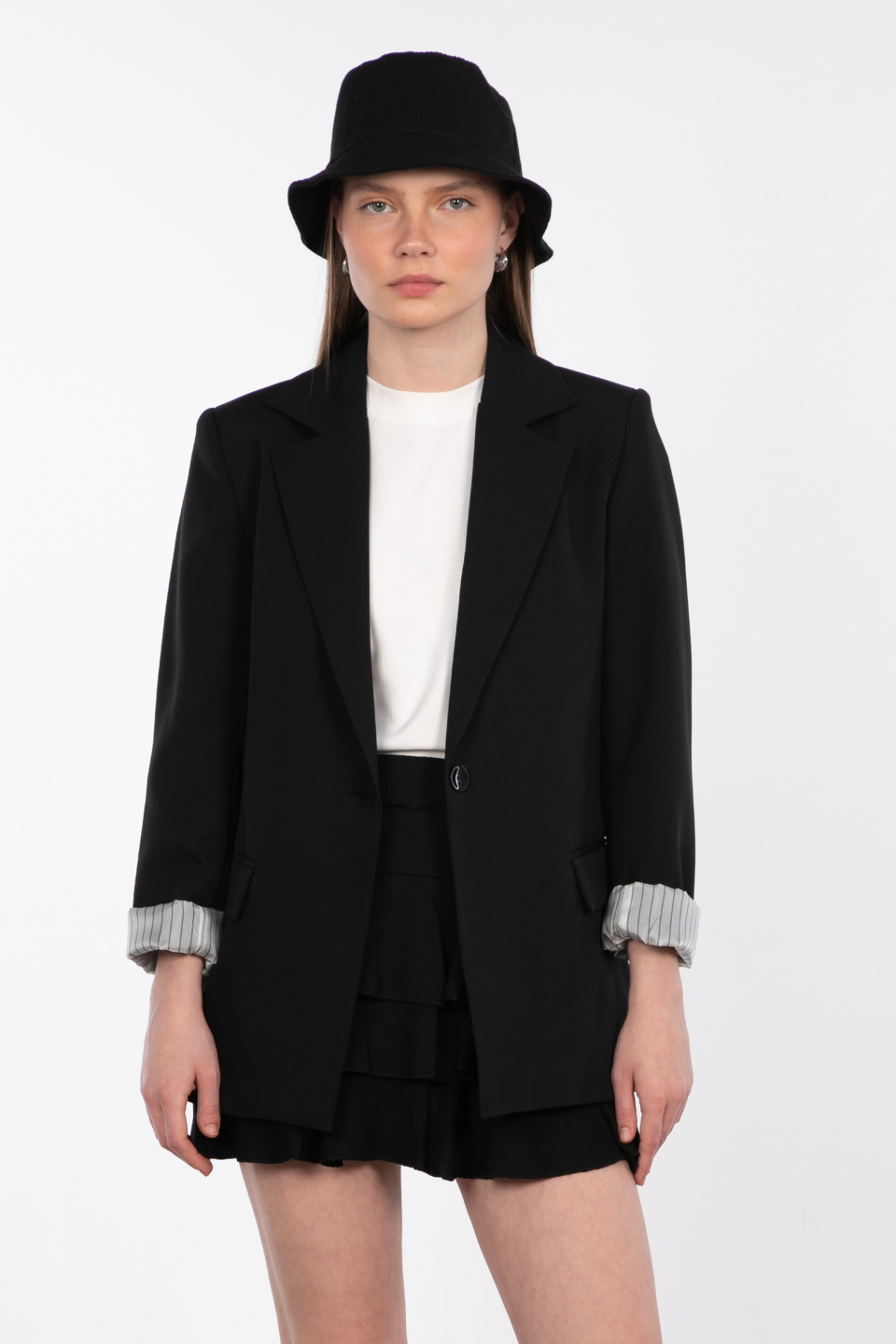 Kolu katlamalı çift cep blazer ceket-9060 Siyah