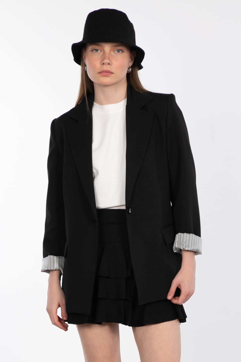 Kolu katlamalı çift cep blazer ceket-9060 Siyah