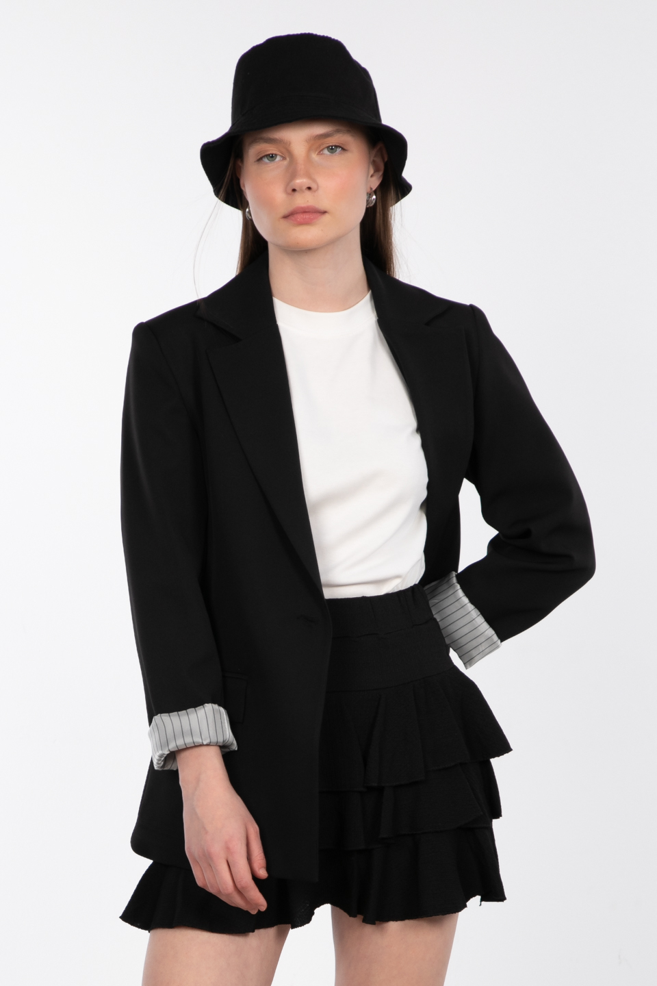 Kolu katlamalı çift cep blazer ceket-9060 Siyah