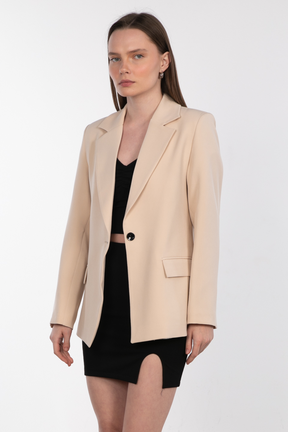 Kolu katlamalı çift cep blazer ceket-9060 Taş