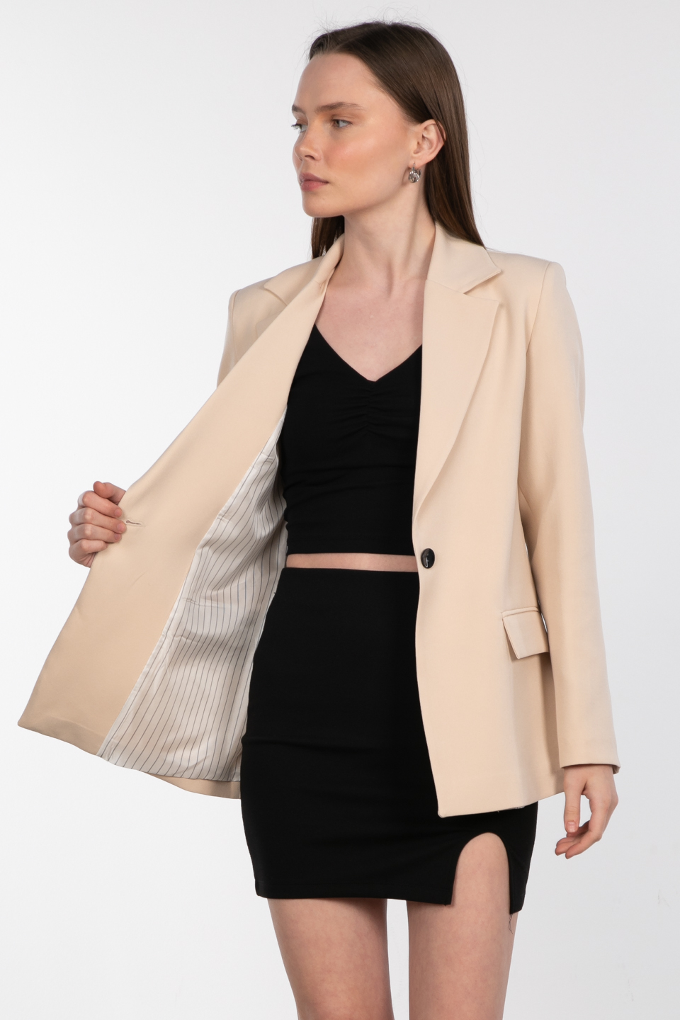 Kolu katlamalı çift cep blazer ceket-9060 Taş