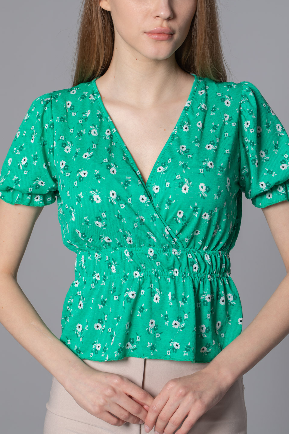 Kruvaze yaka bel büzgülü bluz-S0010195 Benetton