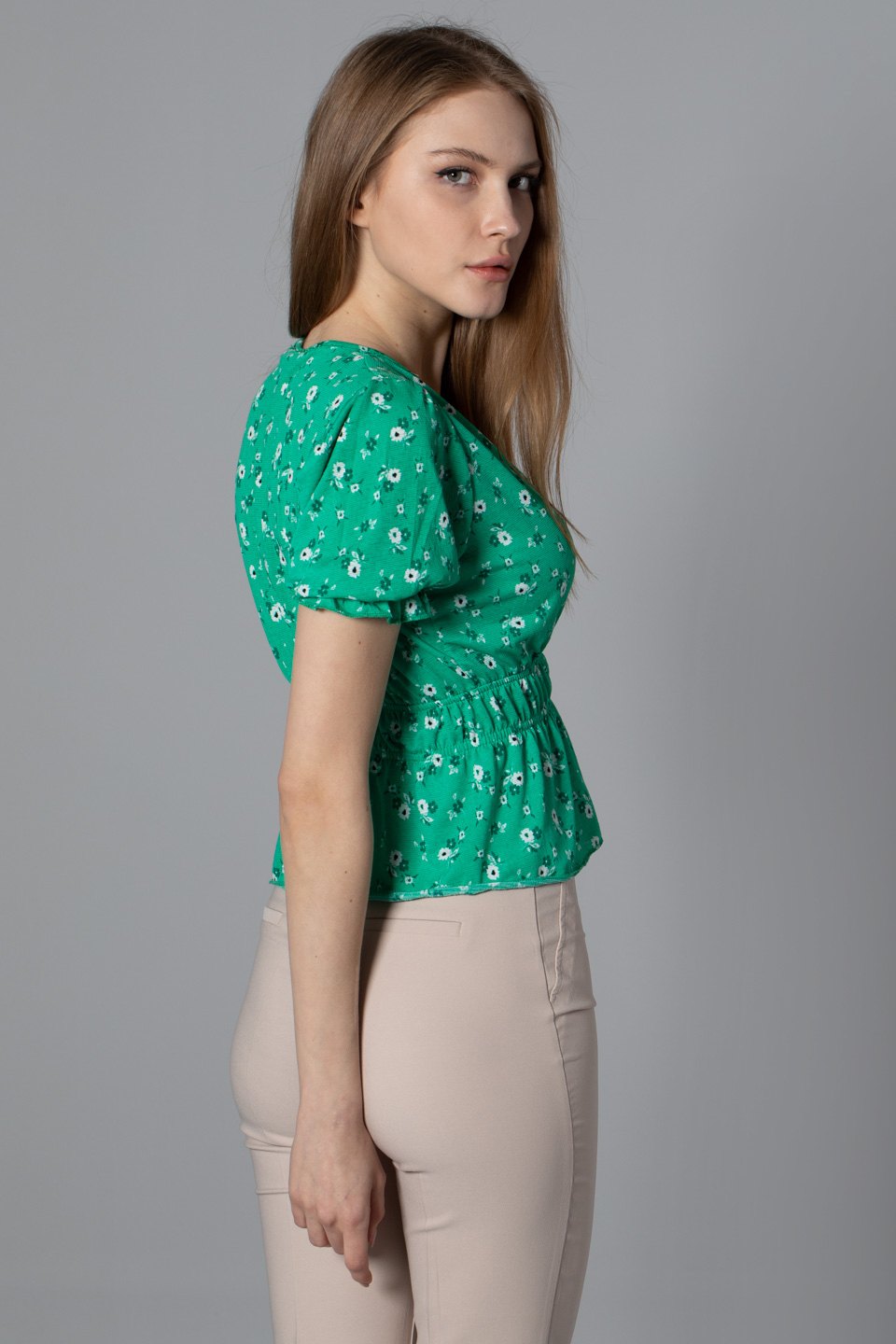Kruvaze yaka bel büzgülü bluz-S0010195 Benetton