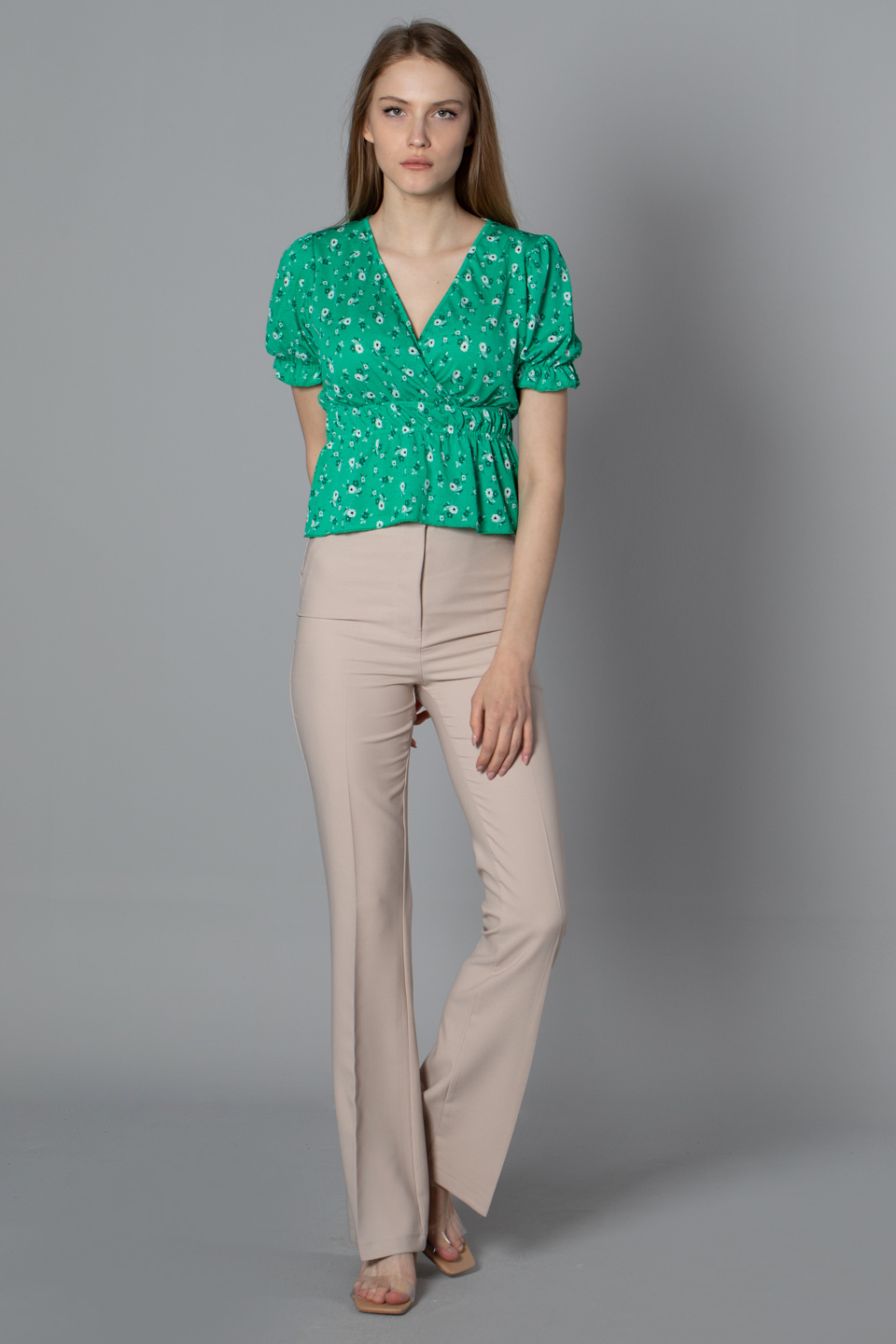 Kruvaze yaka bel büzgülü bluz-S0010195 Benetton