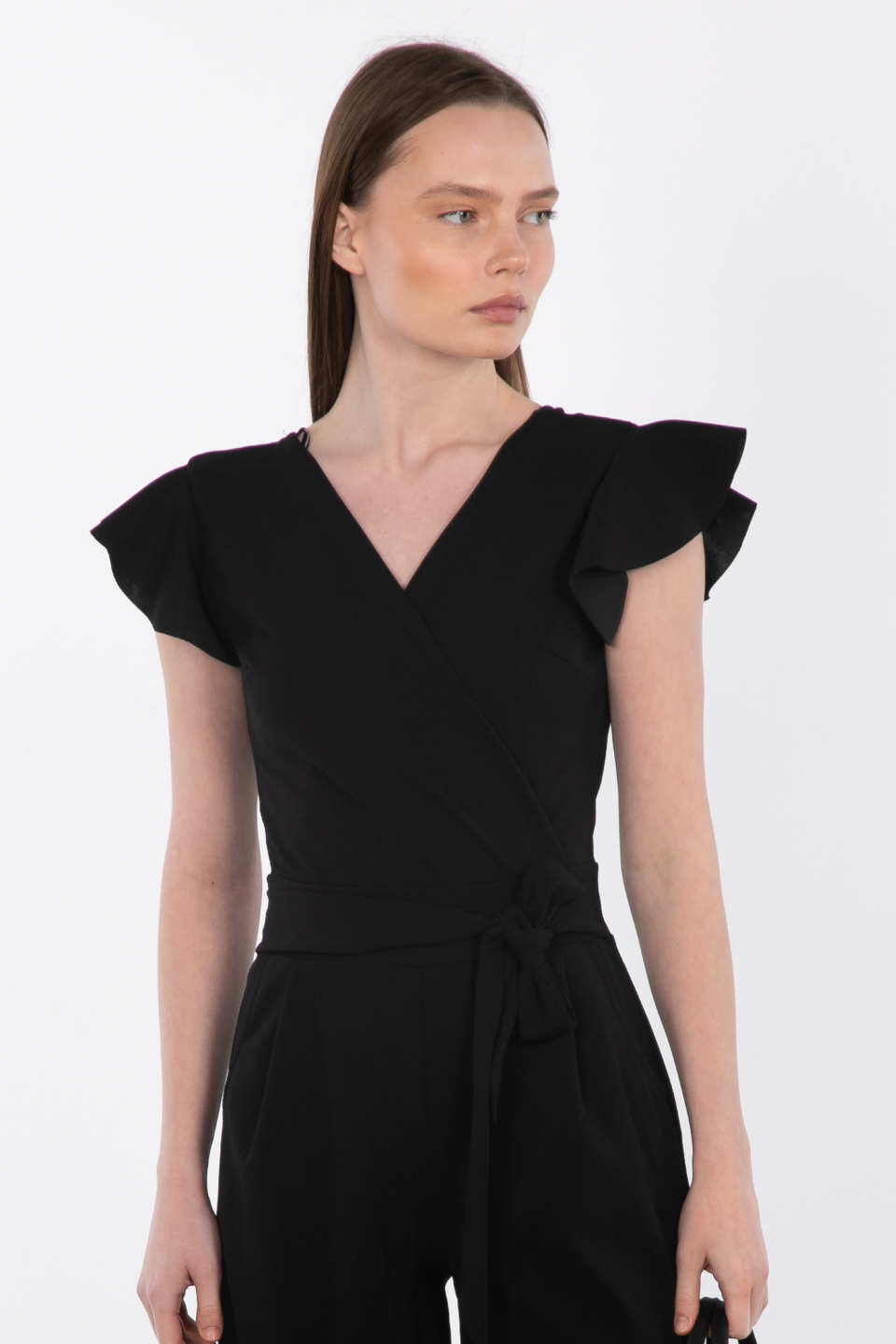 Kruvaze yaka beli kuşaklı tulum-17-369 Siyah