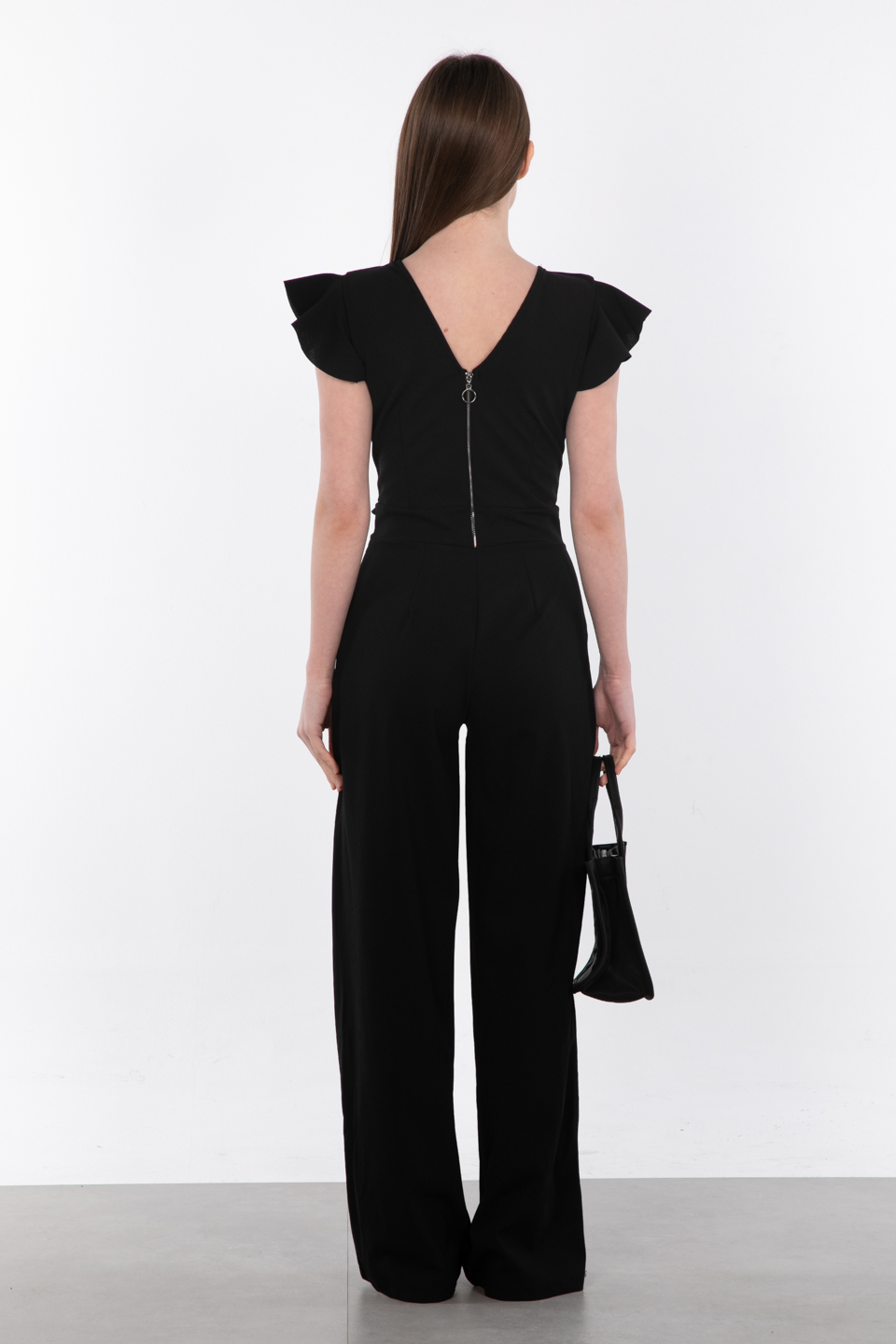 Kruvaze yaka beli kuşaklı tulum-17-369 Siyah