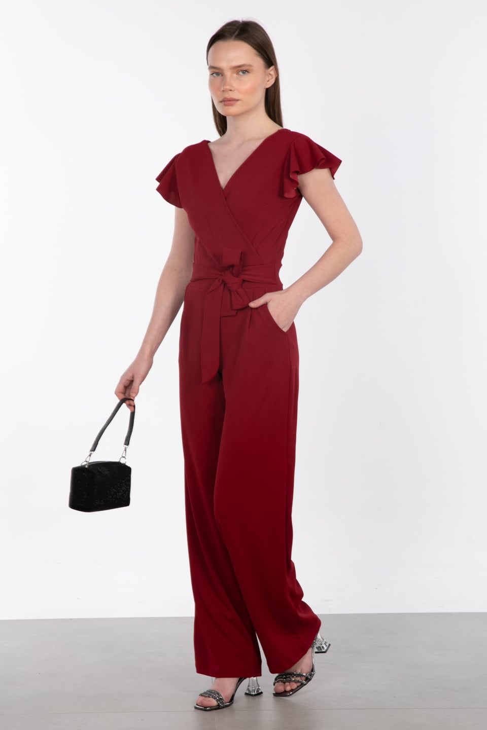 Kruvaze yaka beli kuşaklı tulum-17-369 Bordo