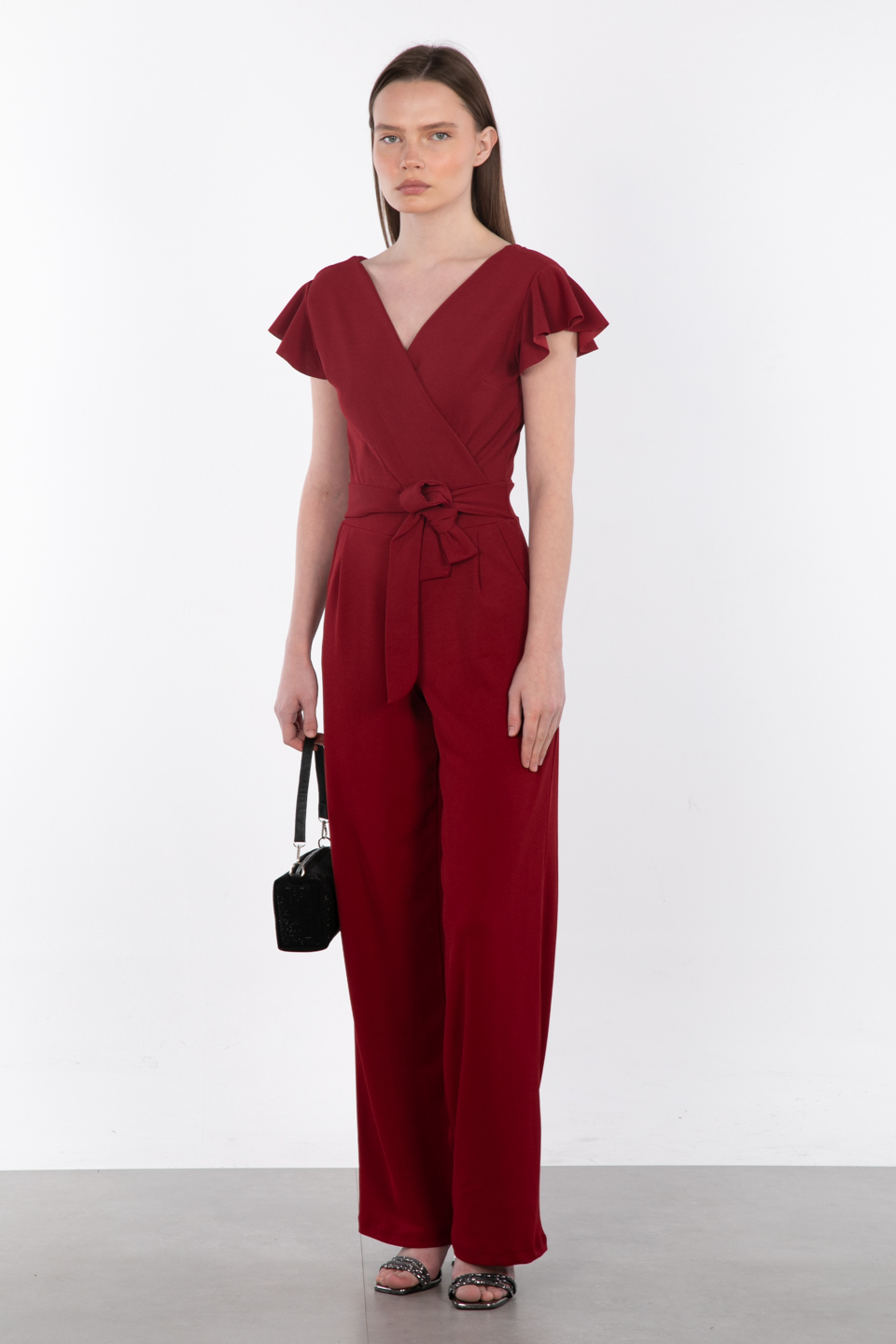 Kruvaze yaka beli kuşaklı tulum-17-369 Bordo