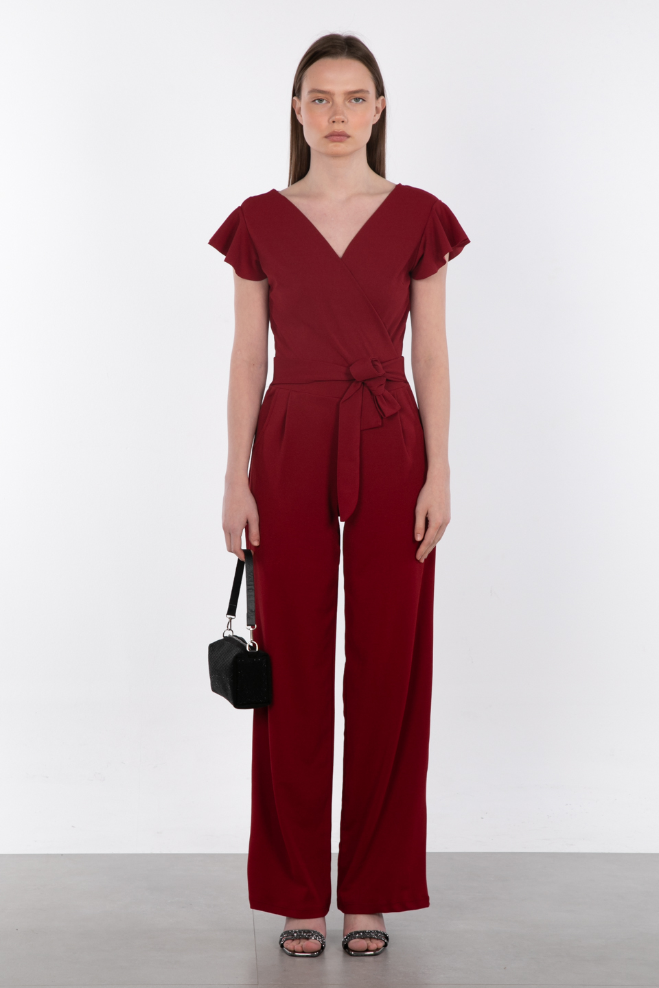 Kruvaze yaka beli kuşaklı tulum-17-369 Bordo