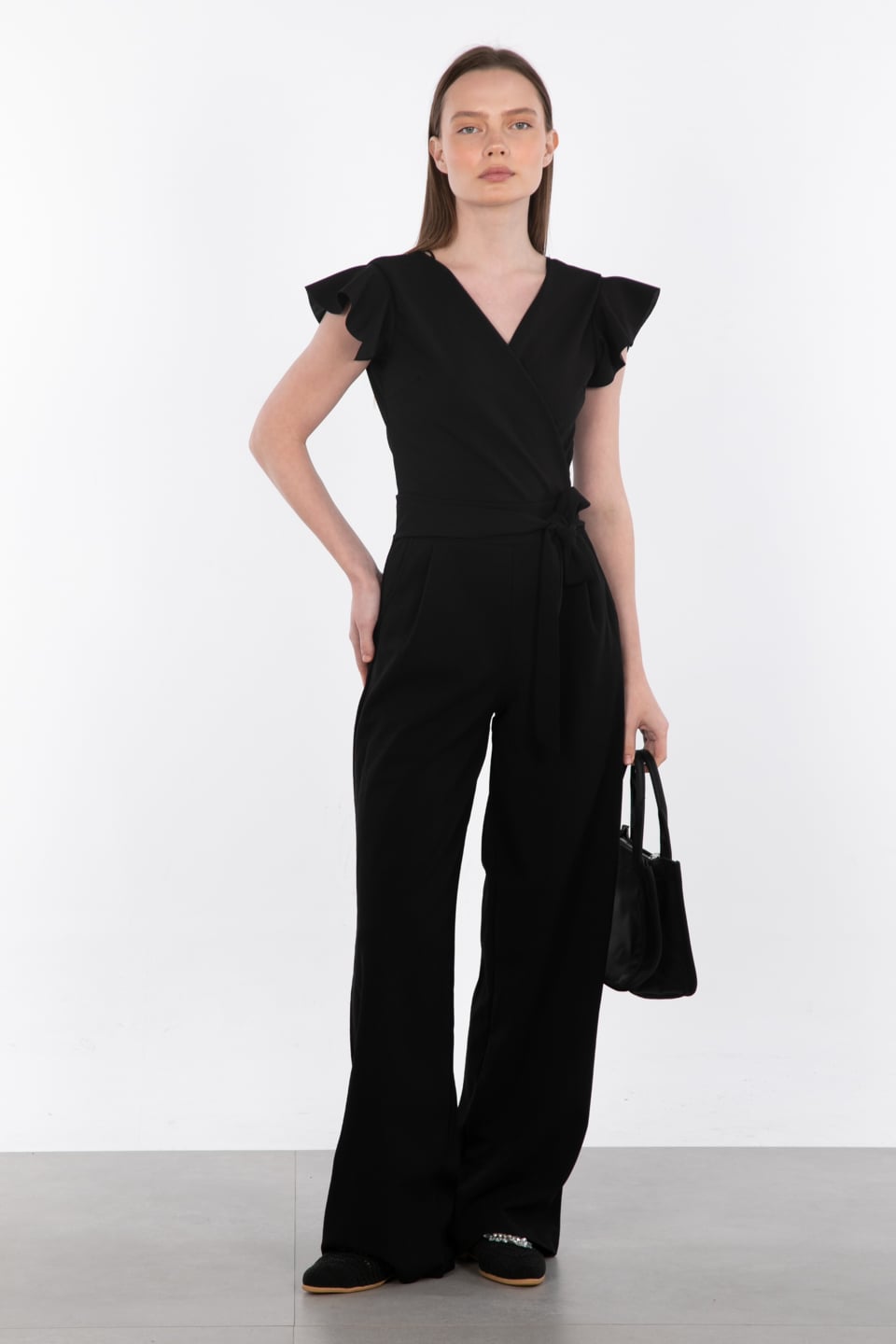 Kruvaze yaka beli kuşaklı tulum-17-369 Siyah