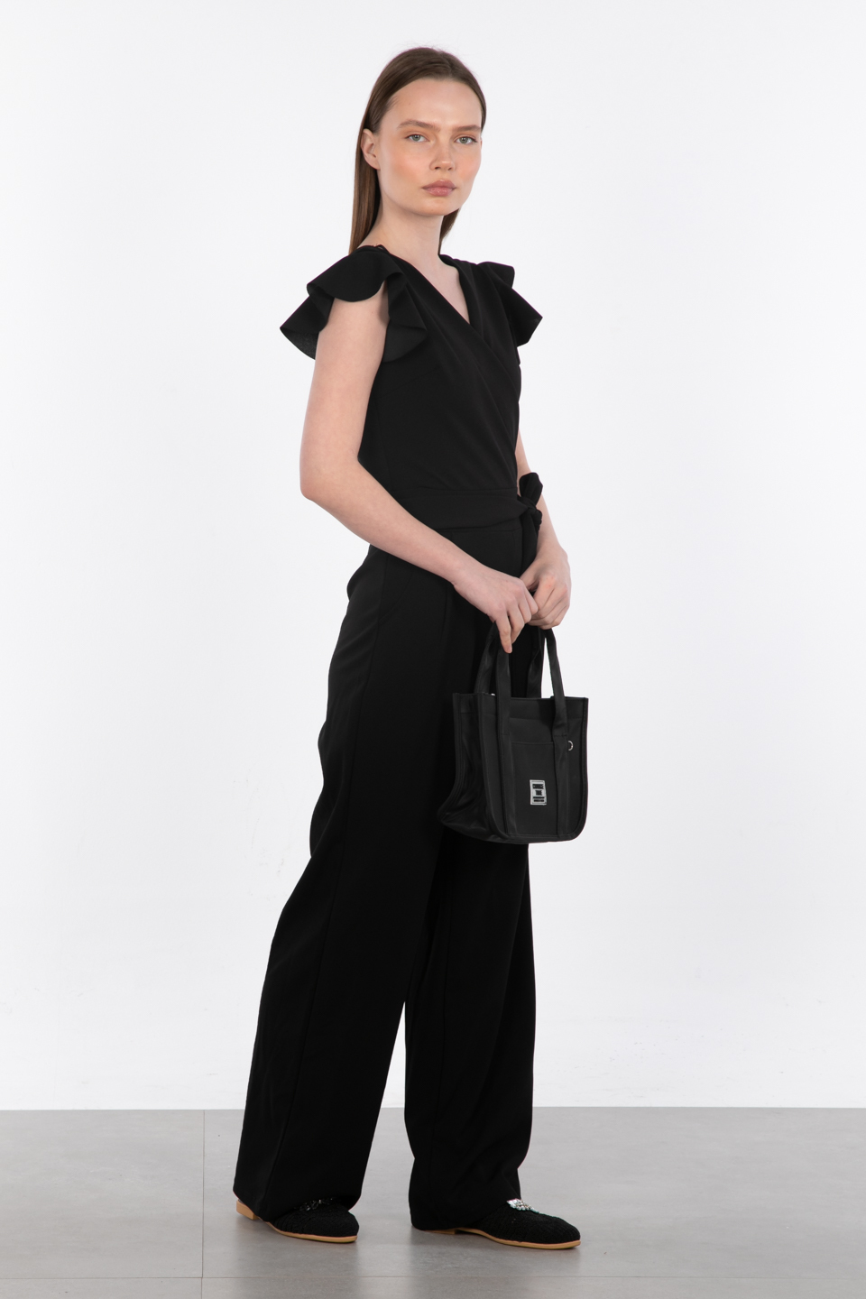 Kruvaze yaka beli kuşaklı tulum-17-369 Siyah