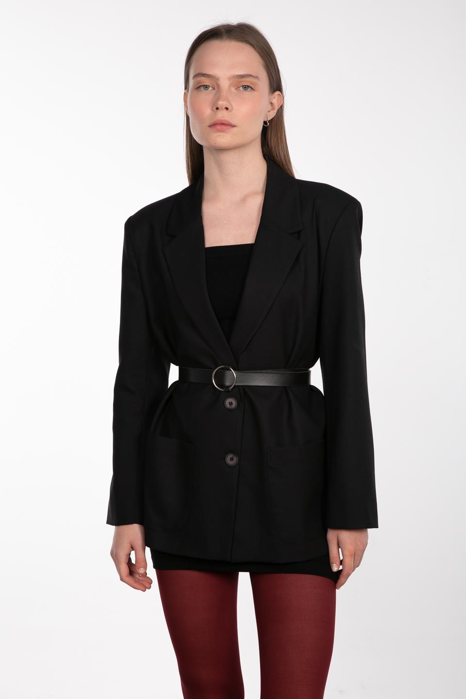 Kruvaze yaka çift cep ceket-8353 Siyah