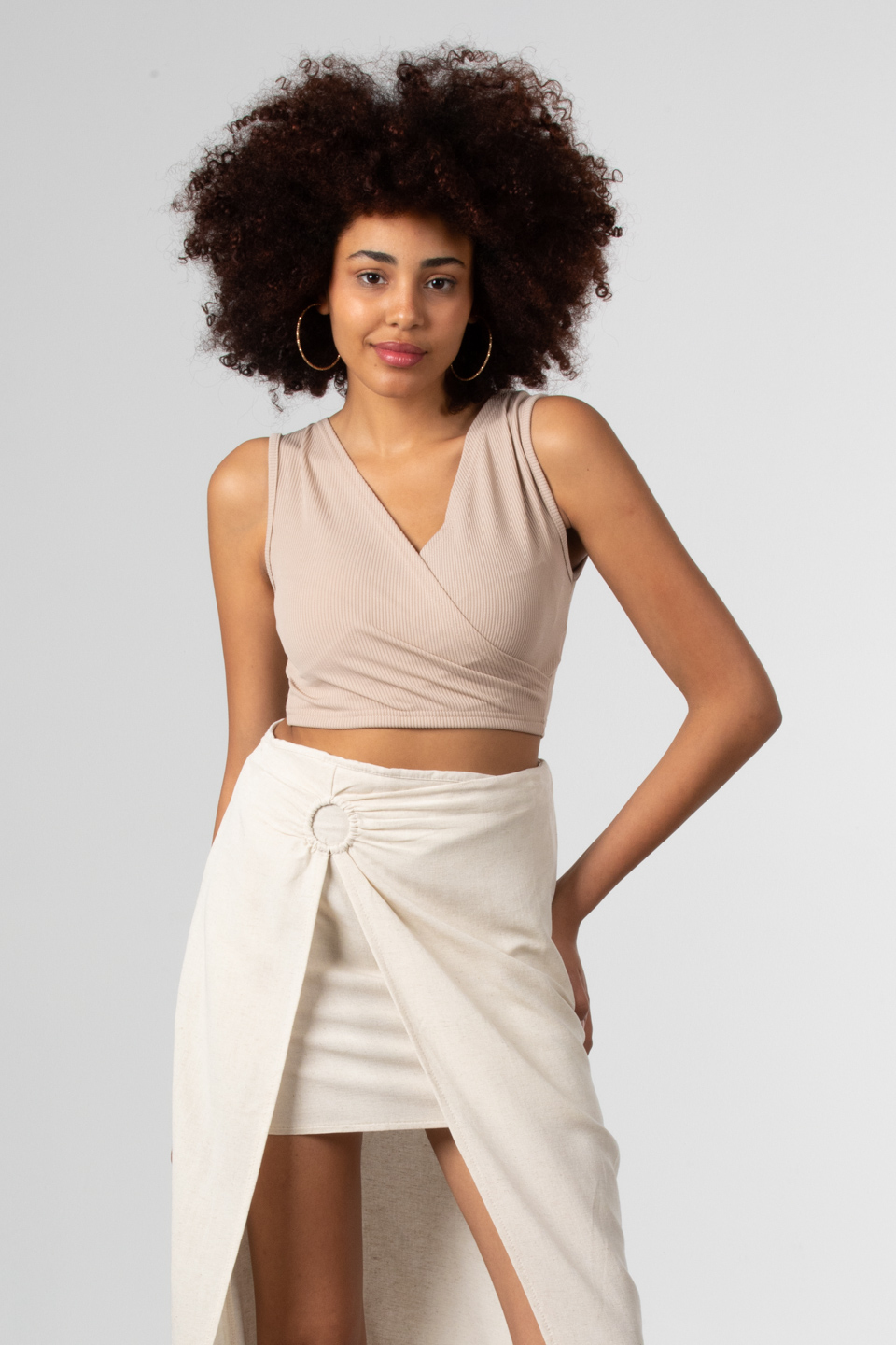 Kruvaze yaka crop body-81661 Taş