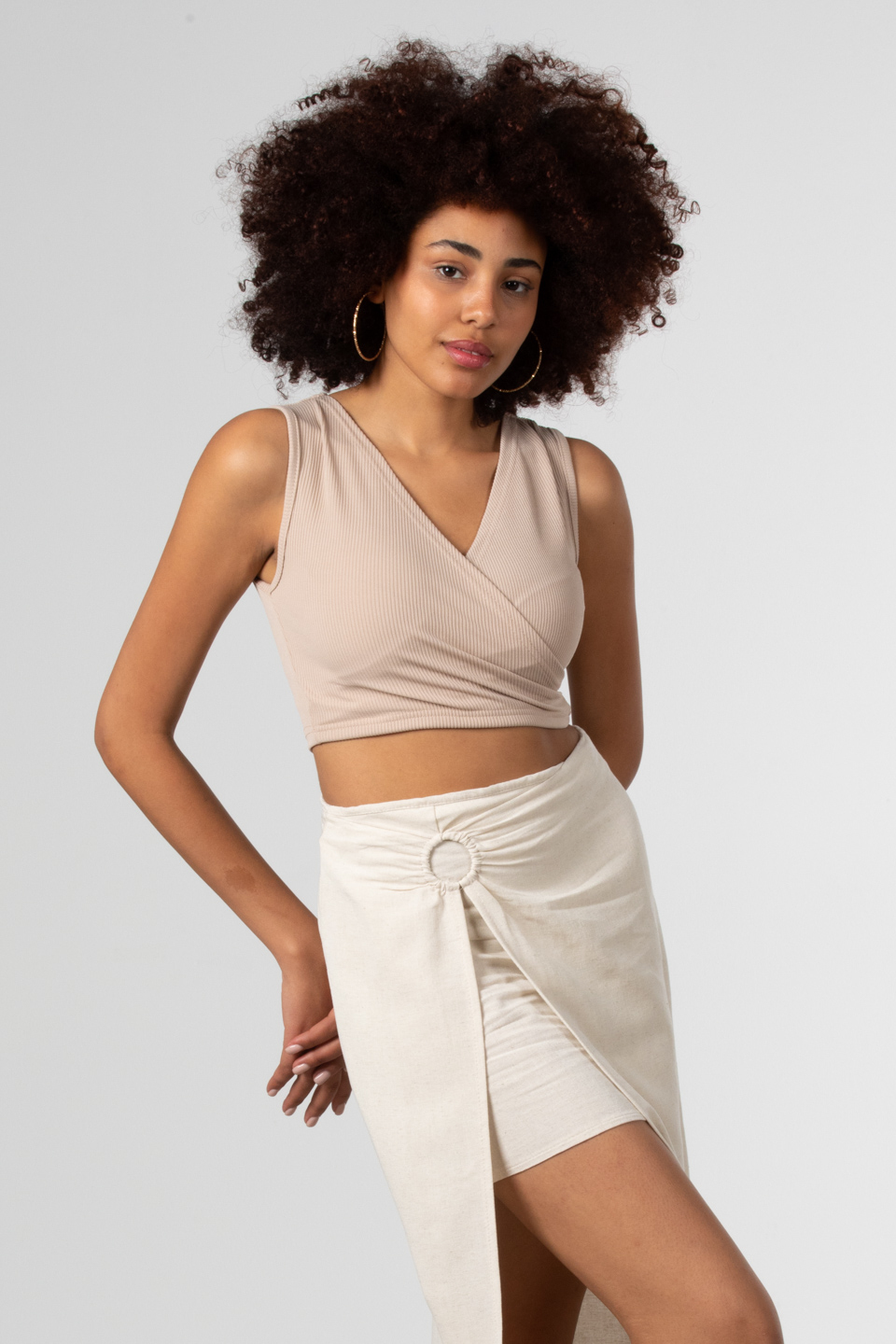 Kruvaze yaka crop body-81661 Taş