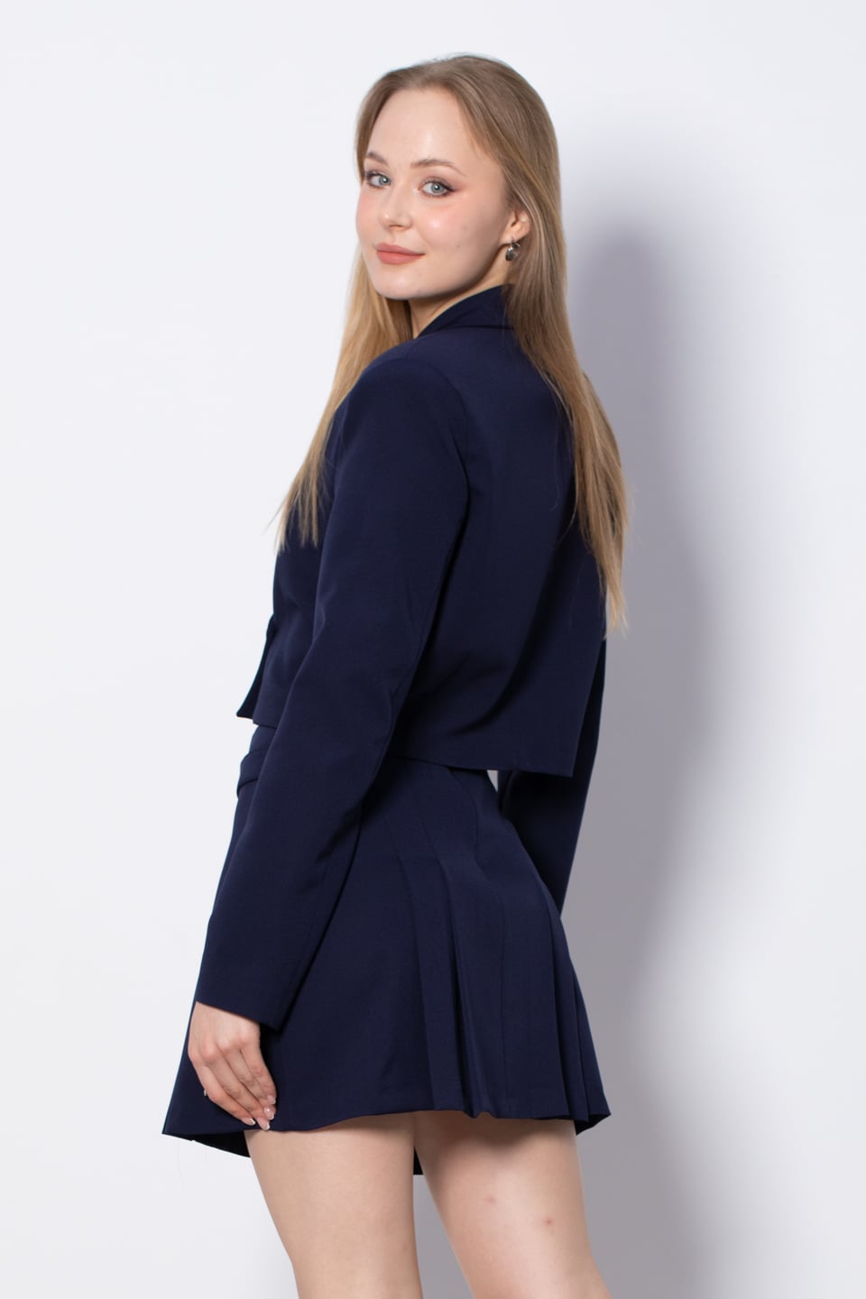 Kruvaze Yaka Crop Ceket - Lacivert