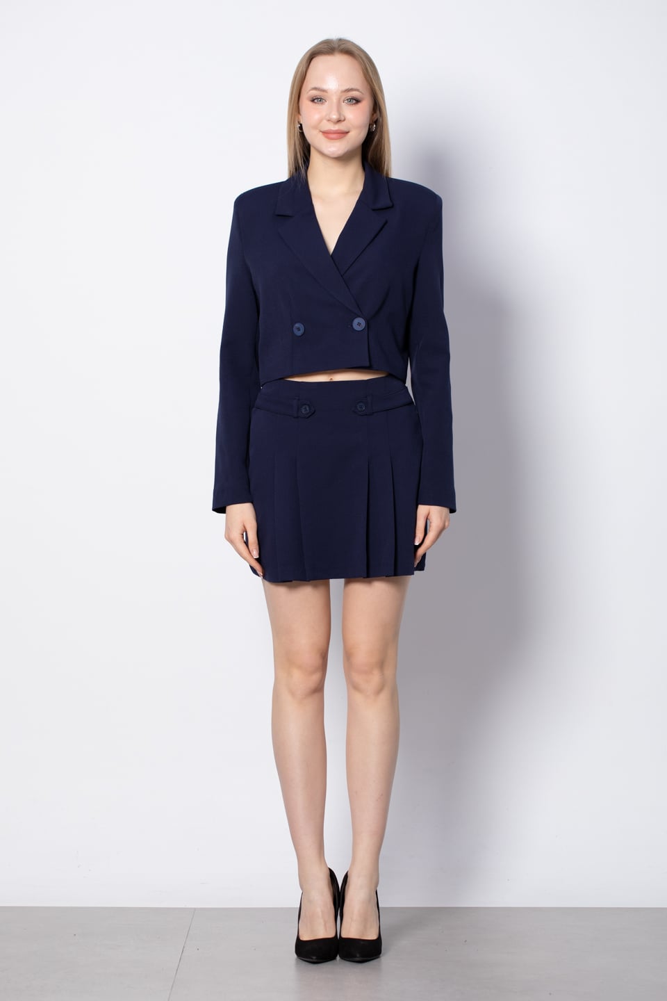 Kruvaze Yaka Crop Ceket - Lacivert