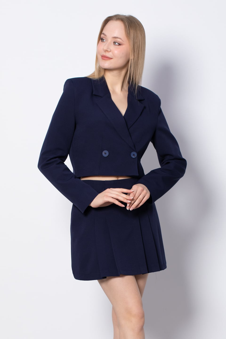 Kruvaze Yaka Crop Ceket - Lacivert