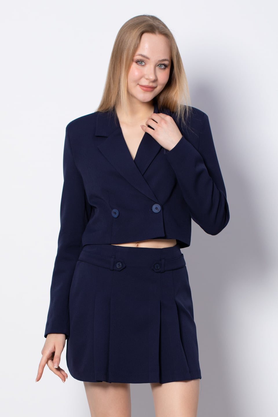 Kruvaze Yaka Crop Ceket - Lacivert