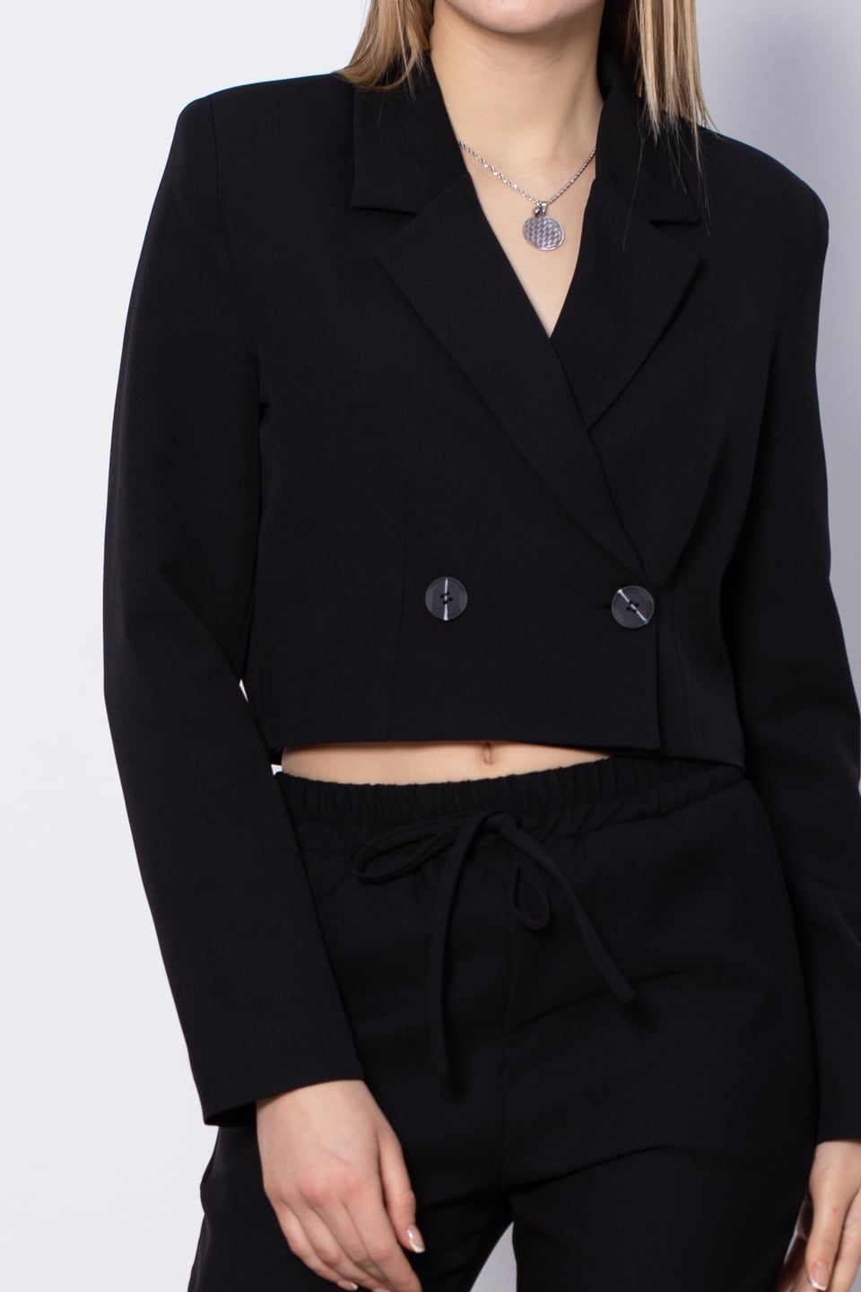 Kruvaze Yaka Crop Ceket - Siyah
