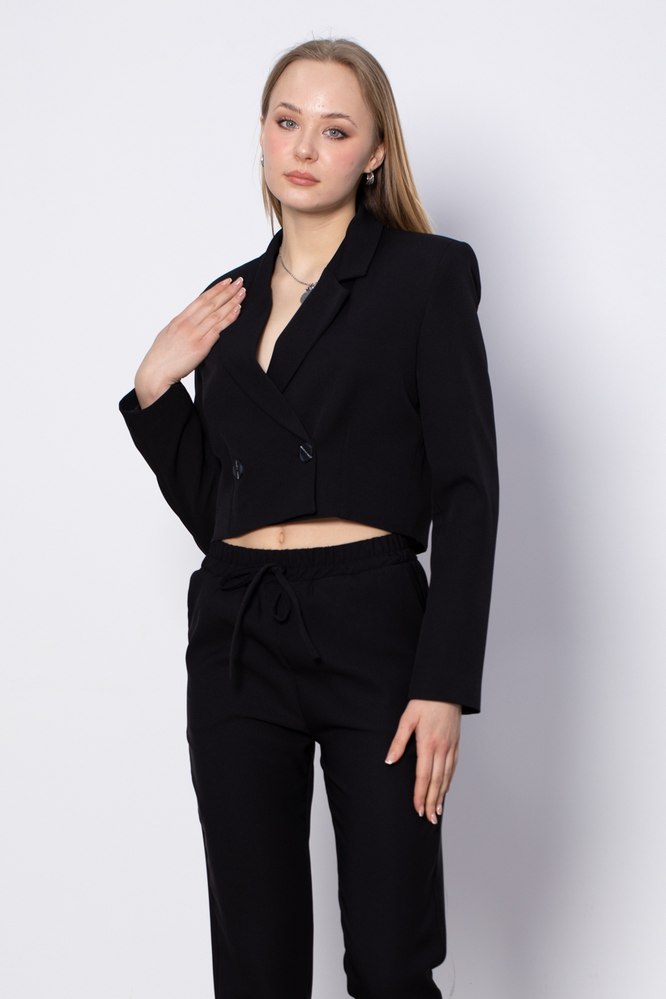 Kruvaze Yaka Crop Ceket - Siyah