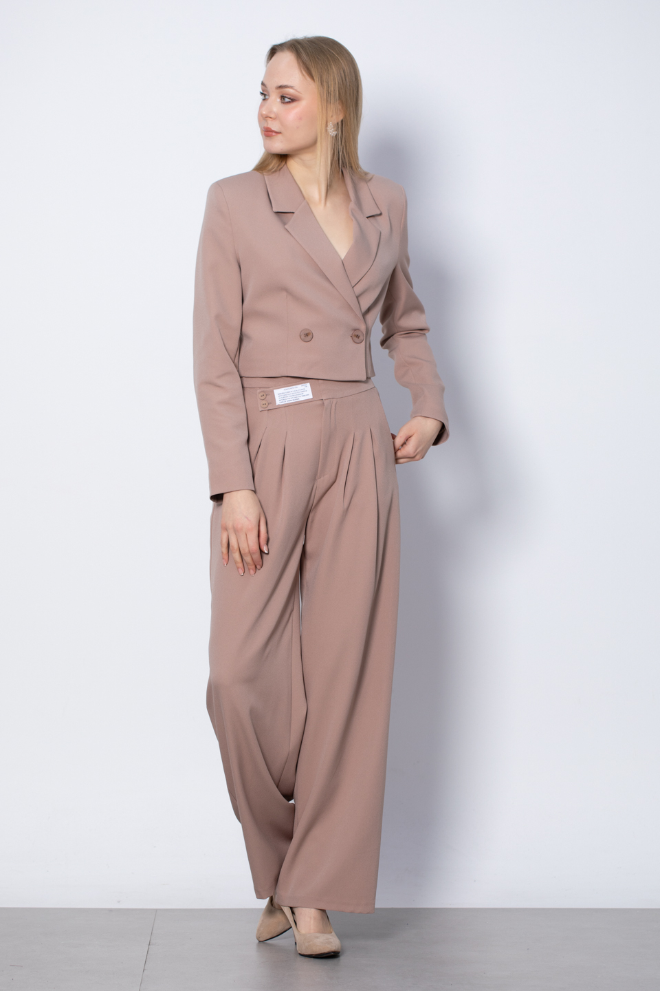 Kruvaze Yaka Crop Ceket - Vizon