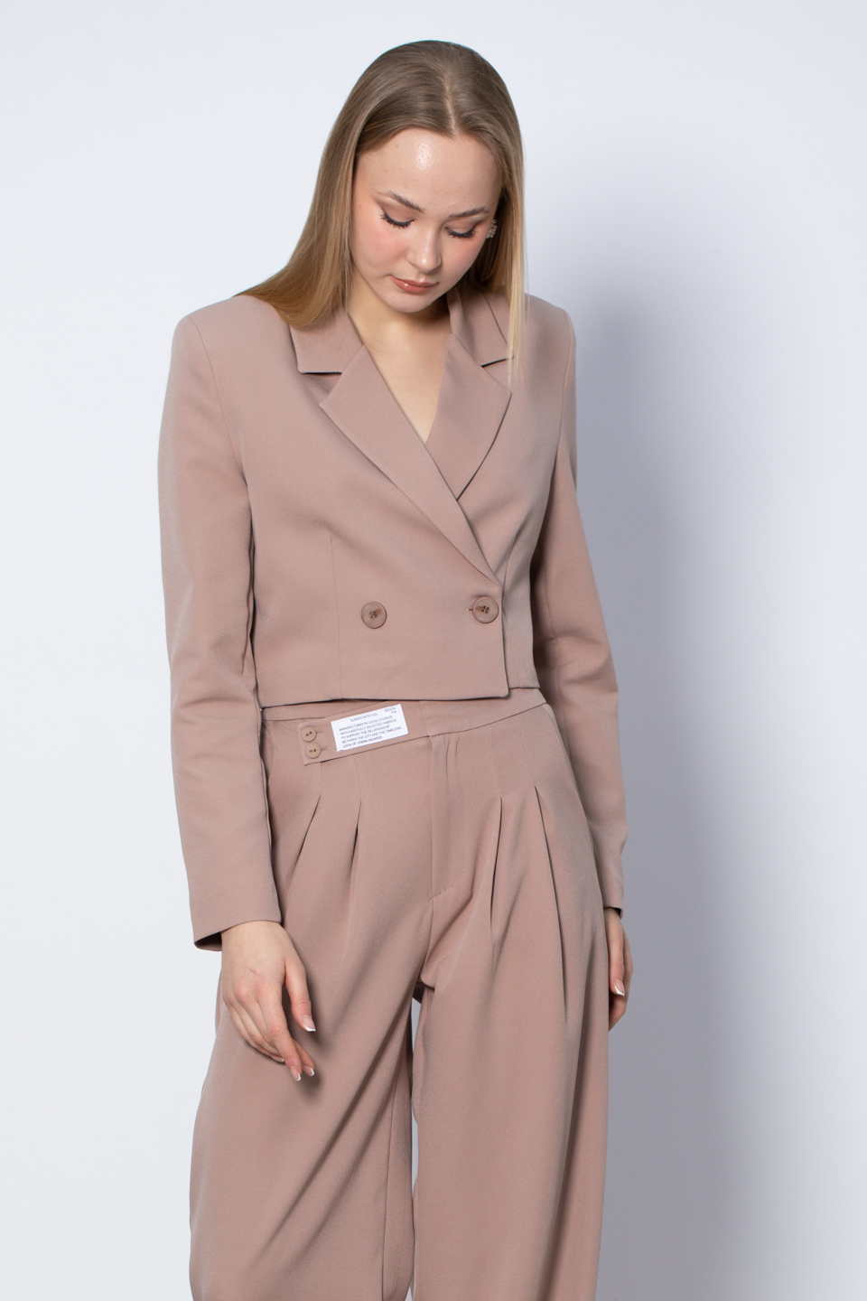 Kruvaze Yaka Crop Ceket - Vizon