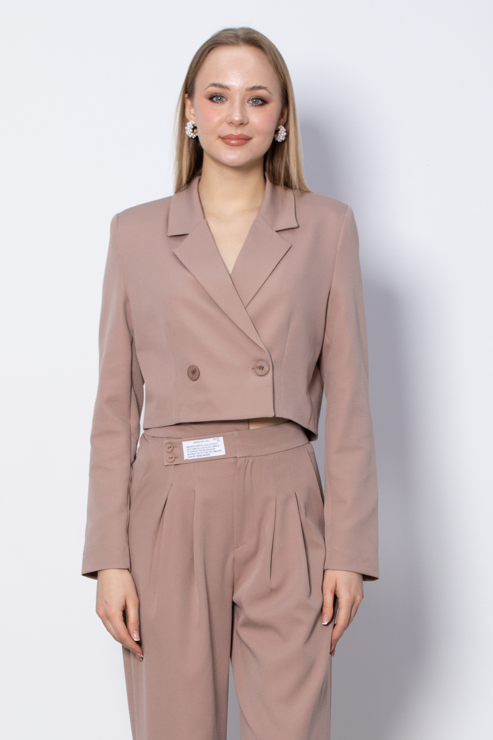 Kruvaze Yaka Crop Ceket - Vizon