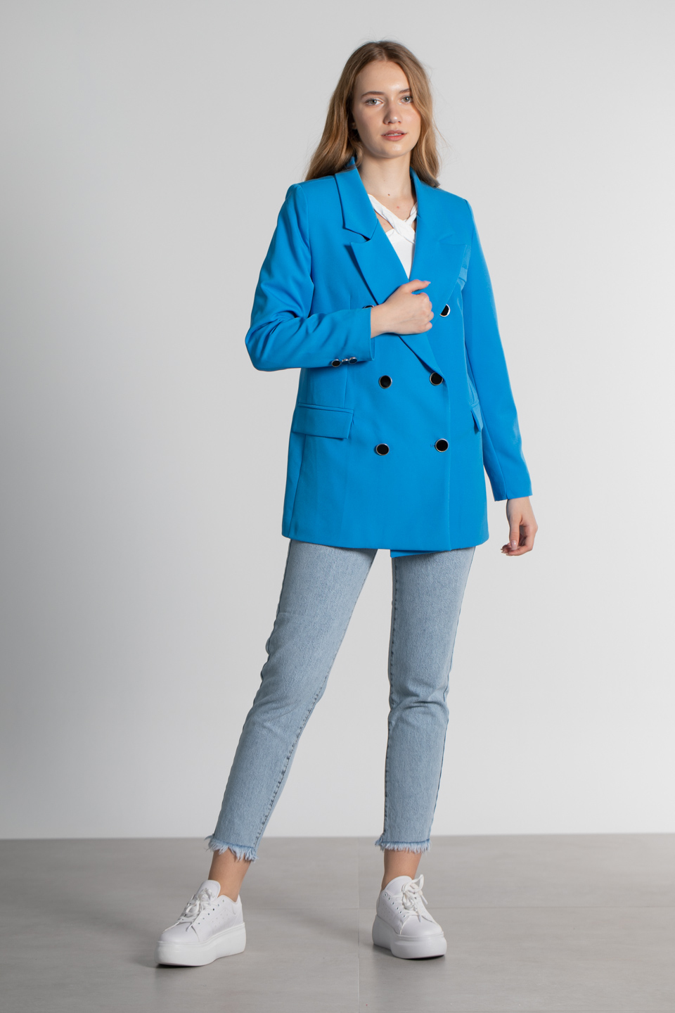 Kruvaze yaka düğmeli ceket-3428 Mavi
