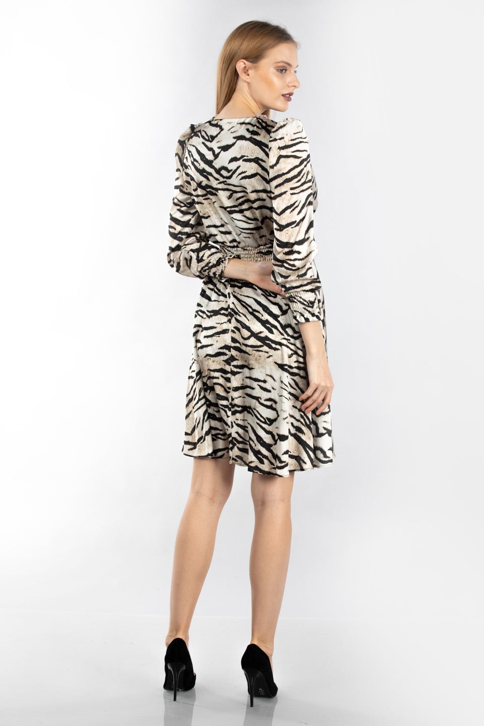 Kruvaze yaka elbise-7106 Zebra